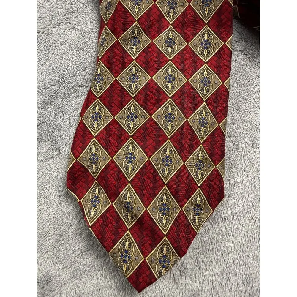 Roundtree‎ & Yorke Mens Extra Long Silk Tie Burgundy Red Gold Diamond Geometric